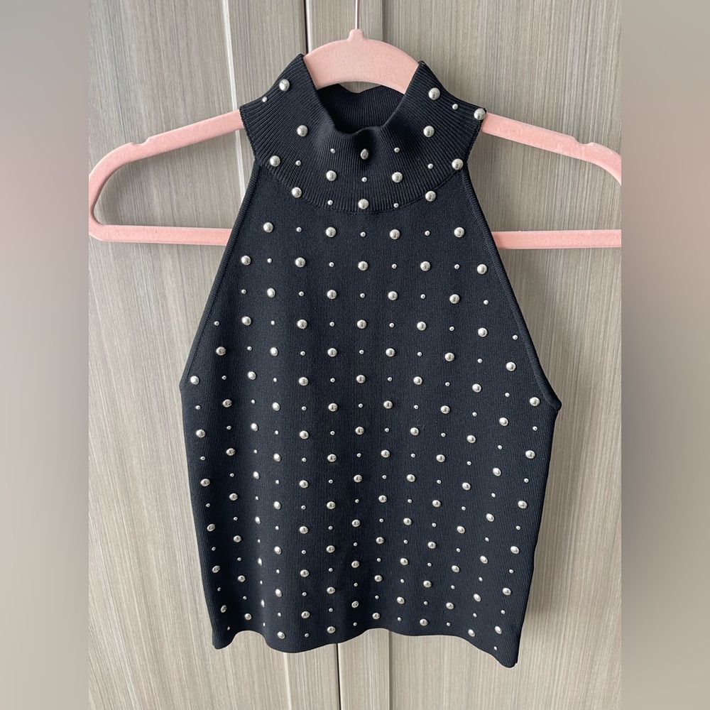 Zara black sleeveless studded knit top, size Small